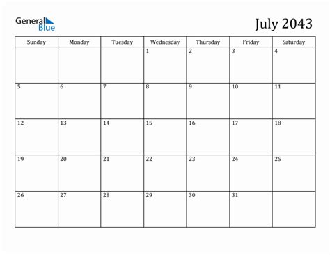 July 2043 Monthly Calendar Pdf Word Excel