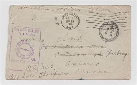 Sent a letter to my son living in ontario, canada. 1918 WW1 Era Envelope Cover Peterborough Hastings Ontario Canada Soldiers Military. An old ...