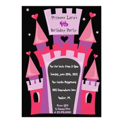 A Princess Castle Birthday Party Card With Pink And Purple Turrets On The Front Black Background