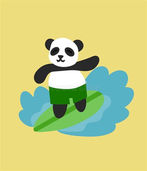 Panda Surfing On A Surfboard Vector Illustration In Flat Style
