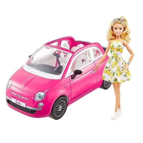 Boneca Barbie Com Carro Fiat Rosa Mattel