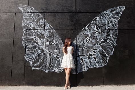 Wings Girl Drawing Wall Artwork Angel Graffiti Mood