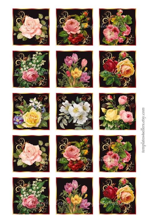 Digital Collage Sheet Vintage Roses 1 Inch Square Images Etsy