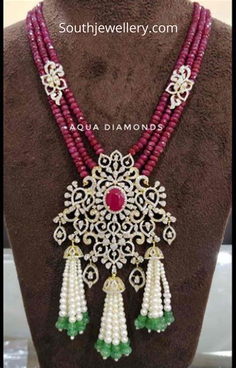 Ruby Beads Necklace With Diamond Pendant Indian Jewellery Designs