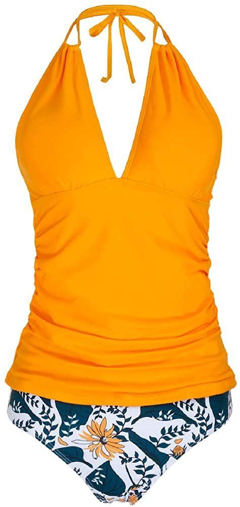 Yonique Womens Halter Tankini Swimsuits Yellow V Neck