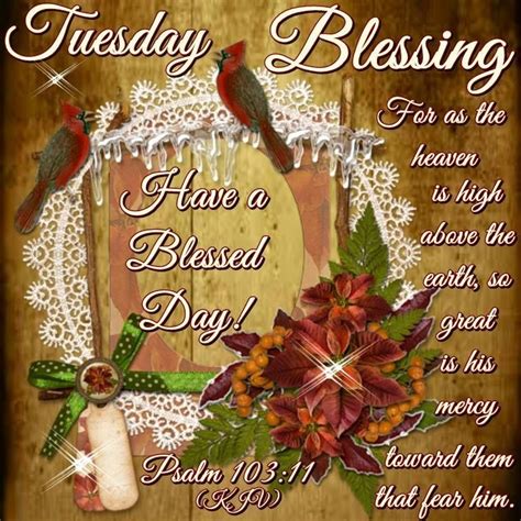 A Christmas Card With Two Birds On It And The Words Tuesday Blessing