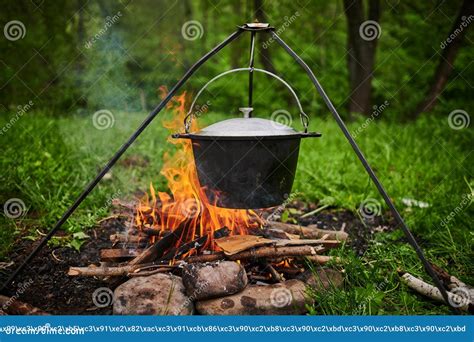 Hiking Pot Bowler In The Bonfire Fish Soup Boils In Cauldron At The