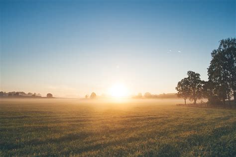 Beautiful Sunrise Over Misty Field An Early Summer Morning Stock Photo