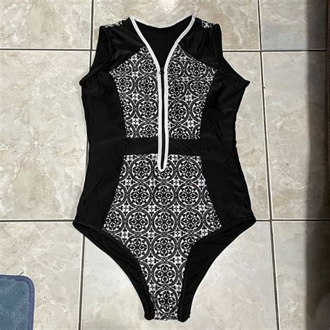 Black Zippered One Piece Swimsuit Womens Fashion Swimwear Bikinis