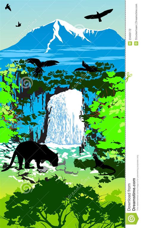 Jungle Animals On The Waterfall And Mountains Stock Illustration