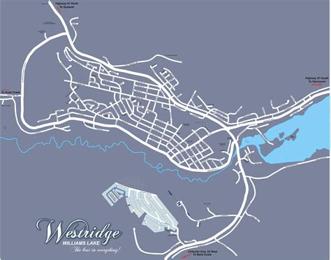 100 mile house, 70 mile house, ashcroft, barriere, bridge lake, cache creek, canim lake, clearwater, clinton, horsefly, kamloops, lac la. Williams Lake Town Map - Williams Lake BC Canada • mappery