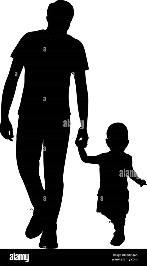 Siluetas Feliz Padre Caminando Con Su Pequeño Hijo Imagen Vector De
