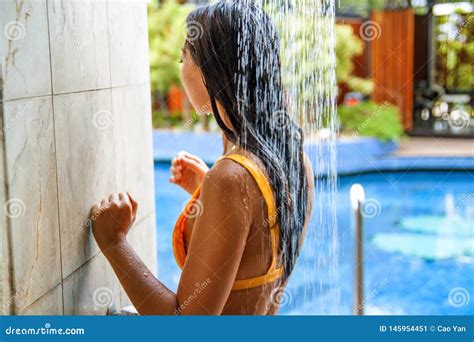 Beautiful Woman Taking A Shower Near The Swimming Pool In Hotel Stock Image Image Of Adult