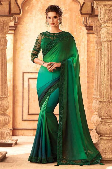 Buy Two Tone Green Silk Embroidered Saree Online Like A Diva