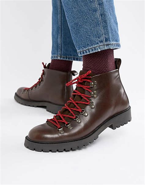 asos design hiker boot in brown leather with flecked laces asos