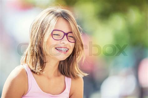 Girl Teen Pre Teen Girl With Glasses Girl With Teeth Braces Young