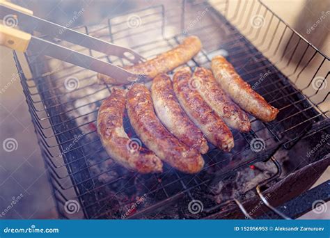 Grilled Sausage On The Picnic Flaming Grill Stock Image Image Of Cook