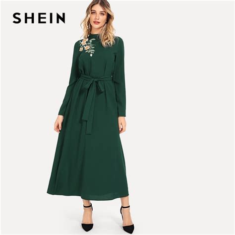 Shein Green Elegant Party Flower Embroidered Mock Neck Long Sleeve Belted Natural Waist Maxi