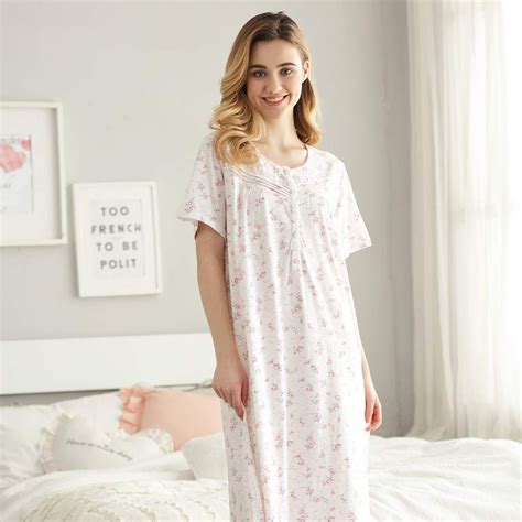 Keyocean Nightgowns For Women All Cotton Print Short Sleeve Soft Long