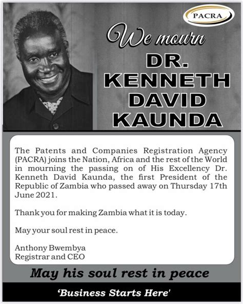 We Mourn Dr Kenneth David Kaunda Patents And Companies Registration Agency