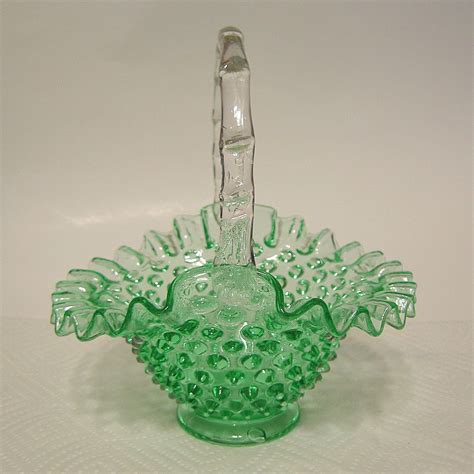 Fenton Hobnail Glass Basket Green Ruffled Rim Crimped Handle Fenton
