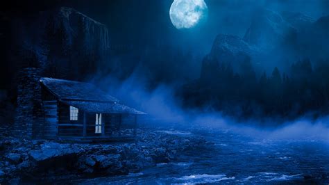 1920x1080 House Night Full Moon Fantasy Lake Flowing On Side 5k Laptop