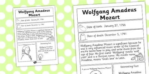Wolfgang Amadeus Mozart Significant Individual Fact Sheet Fact