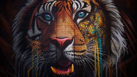 Download Wallpaper 2048x1152 Tiger Graffiti Street Art Wall
