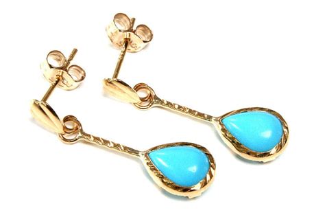 Solid Ct Gold Turquoise Teardrop Dangly Earrings With Free Etsy