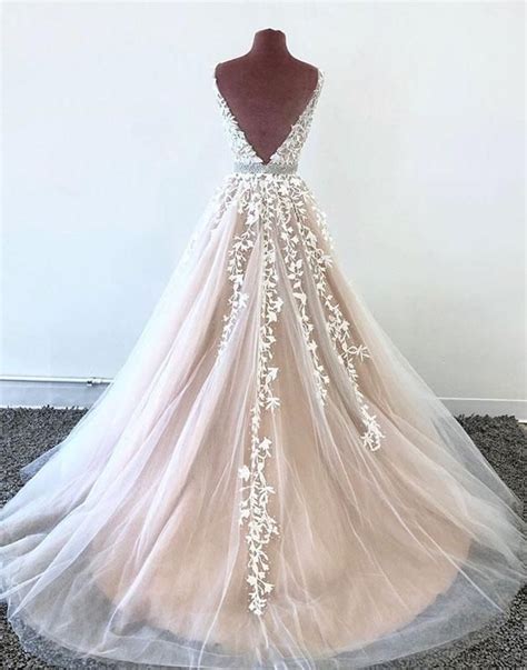Champagne V Neck Tulle Lace Long Prom Dress Champagne Lace Evening