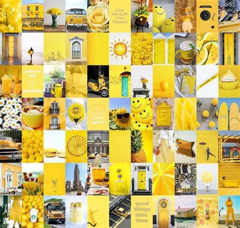 A Collage Of Yellow And White Pictures With Different Things In Them