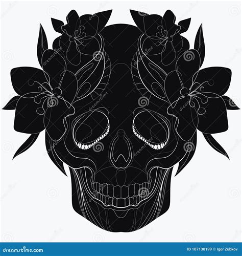 Vector Stylized Skull Human Skull With Ornaments Linear Art Tattoo