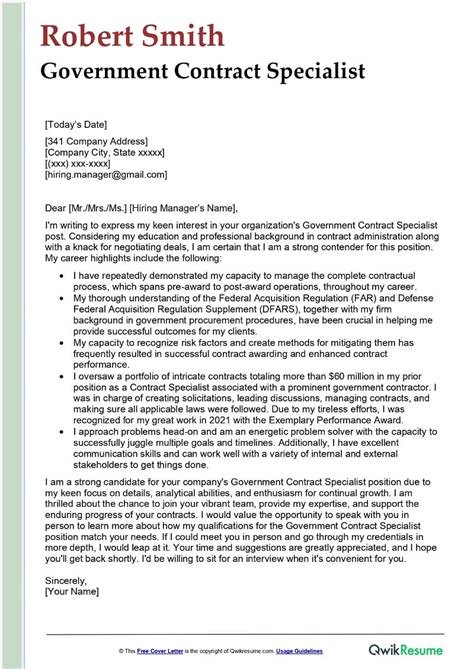 Government Contract Specialist Cover Letter Examples Qwikresume