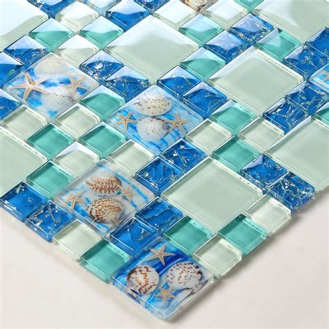 Tst Glass Conch Tiles Beach Style Sea Blue Glass Tile Green Glass Mosaics Wall Art Kitchen