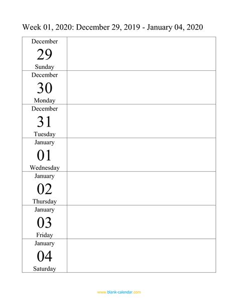 2020 Calendar Excel Weekly