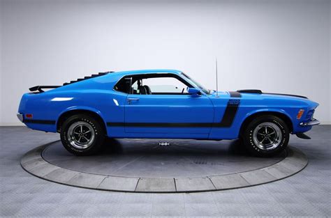 A Blue Mustang Muscle Car Sitting On Top Of A Circle