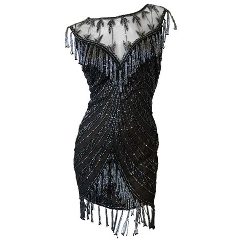 Bob Mackie Vintage 80s Sheer Little Black Dress With Bugle Bead Fringe
