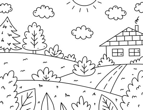 Página Para Colorear De Niños Lindos Paisaje Con Casa árboles