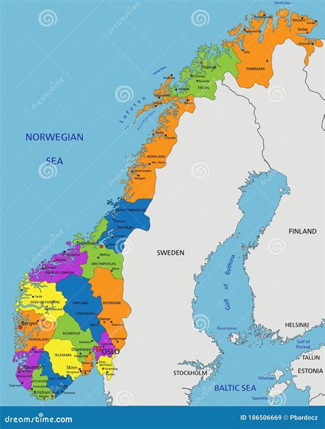 Colorful Norway Political Map With Clearly Labeled Separated Layers