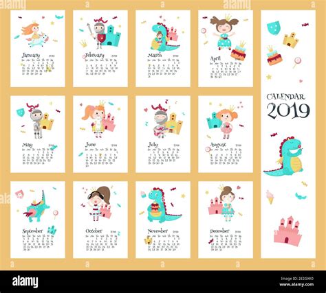2019 Calendario Vector Plantilla Con Princesa Caballero Dragón Imagen