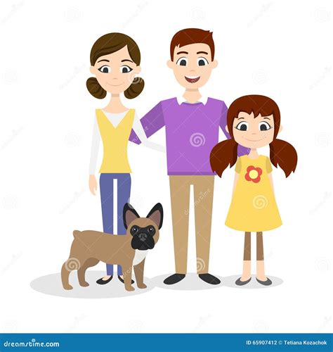Retrato De La Familia Mamá Papá Hija Y Un Dogo Francés Ilustración