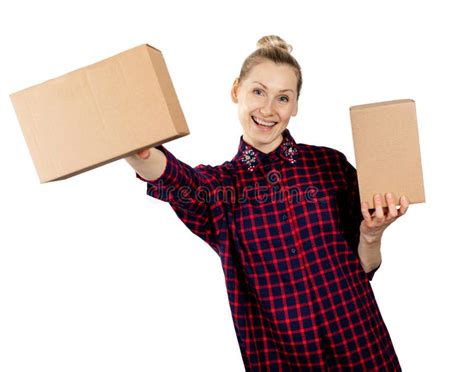 Woman Holding Blank Cardboard Boxes In Hands On White Background Stock