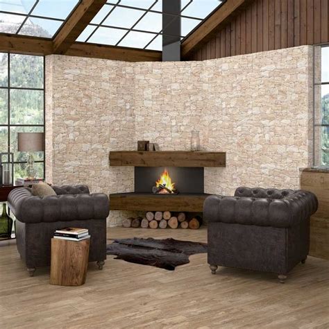 Stacked Limestone Effect Tiles Dry Stone Wall Stone Wall Living Room