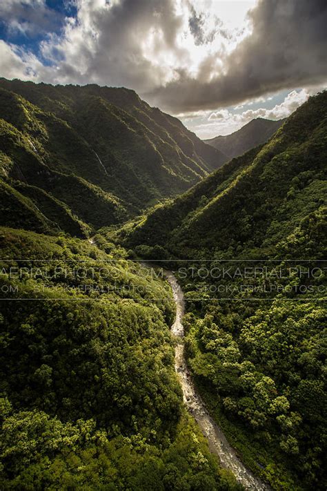 Aerial Photo Lush Green River Valley Kauai