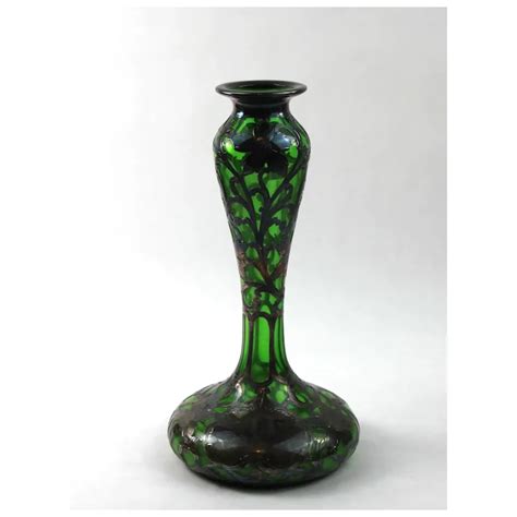 Art Nouveau Alvin Sterling Silver Overlay Green Glass Vase Ca 1900s Ruby Lane