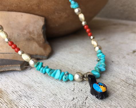 Silver Bead Turquoise Nugget Coral Bead Necklace With Turtle Inlay
