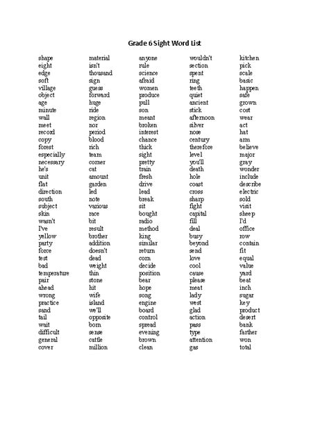 Printable 6th Grade Sight Words Spelling List 21 Sight Words Short