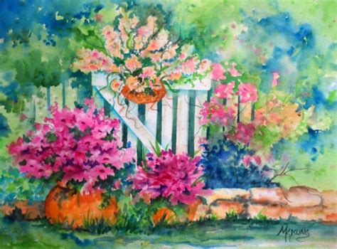 Watercolor Of Garden Flowers And White Picket By Marthakislingart
