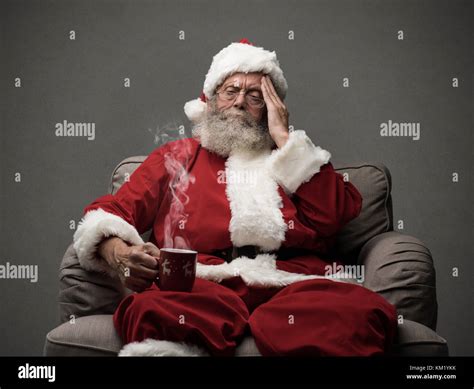 Sad Santa Claus Having An Headache On Chistmas Eve Stress And Stock