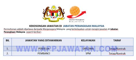 Portal jawatan kosong kerajaan ingin berkongsi maklumat peluang kerjaya di jabatan perangkaan malaysia yang kini dibuka untuk warganegara malaysia yang berumur 18 tahun ke atas. Jawatan Kosong Terkini di Jabatan Perangkaan Malaysia ...
